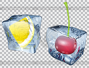 Transparent ice cubes with lemon and cherry - vector clipart