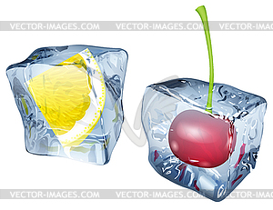 Ice cubes with lemon and cherry - vector image