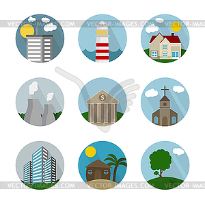 Flat icon circle, buildings - vector clipart