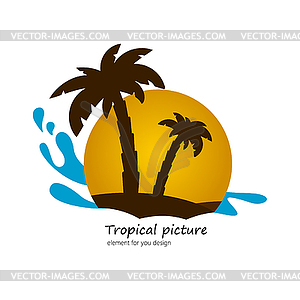 Flat picture palm on island, sunset landscape. - royalty-free vector image