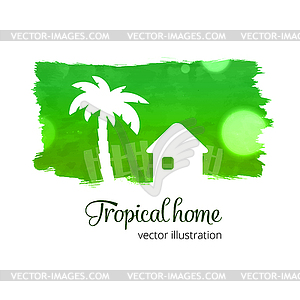 Green watercolor splash with home and palm - vector clipart