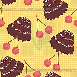 Seamless background with cake and cherry - vector image