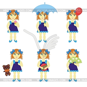 Girls with different objects on white - vector clipart