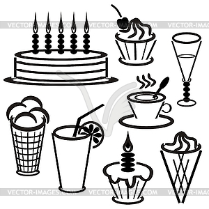 Set with desserts and drinks - vector image