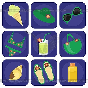 Set with summer beach icons - vector image