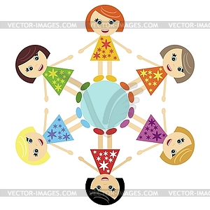Six little girl and Earth - vector image