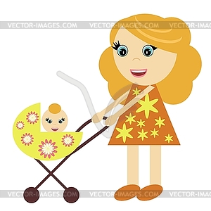 Nice girl with perambulator - vector clipart