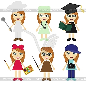 Six girls of different professions - vector clip art