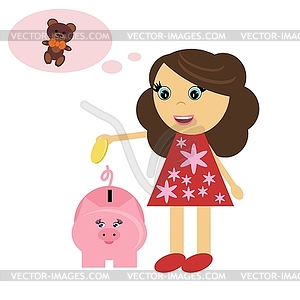 Girl with piggy bank - vector clip art