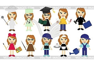 Молодые женщины из десяти различных рабочих мест - изображение в векторе / векторный клипарт