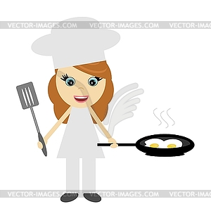 Girl cook with pan with fried eggs - vector image