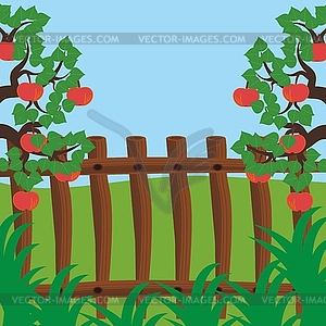 Fence and apple trees - vector clipart