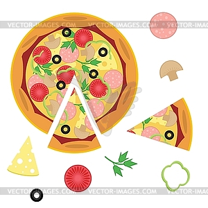 Pizza and ingredients on white background - vector image