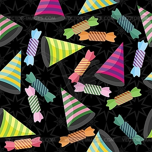 Seamless background with strip caps, candies and confet - vector clip art