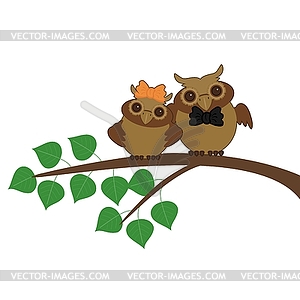 Two nice owls pair on tree - vector clip art