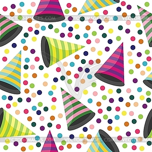 Seamless background with strip caps and confetti - vector clipart