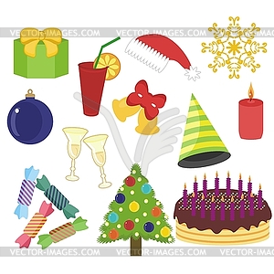 New Year and Christmas objects on white background - vector image