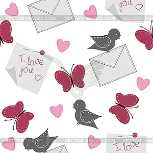 Seamless background with birds, butterflies and hearts - vector image