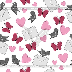 Seamless background with birds, butterflies and hearts - vector clipart