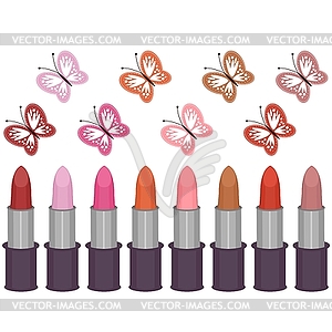 Lipsticks and butterflies on white background - vector clip art