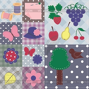 Patchwork background with different scrapbook objects - vector image