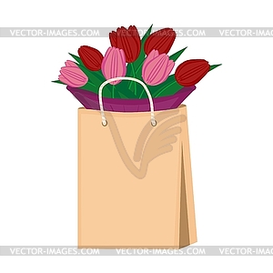 Bouquet of tulips in paper bag - vector image