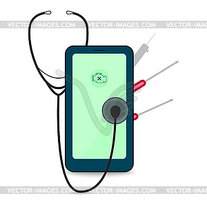 Mobile phone repair with stethoscope, soldering iro - royalty-free vector clipart