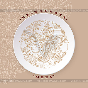 Кофе и чай Эскиз каракули Plate - векторное изображение