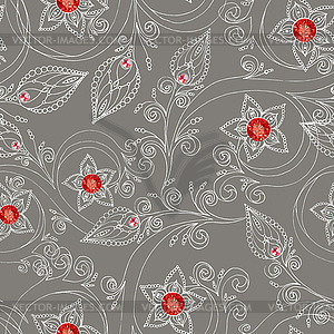 Seamless pattern with flowers, doodles, and rubies - vector clip art