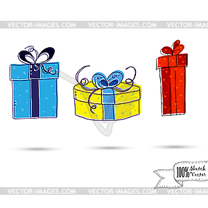 Sketch of Three Gift Boxes With Bows - vector image