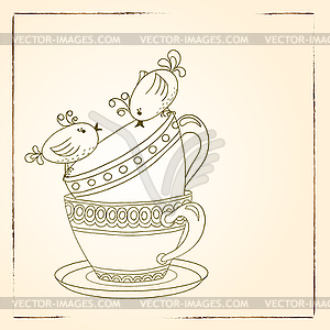 Card with tea cups and art birds - vector clip art