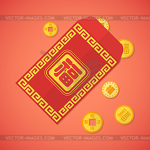 Flat style chinese new year red envelope with coins - vector clipart