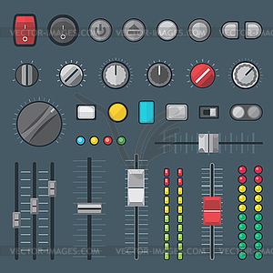 Flat style various audio controls and indicators set - vector image