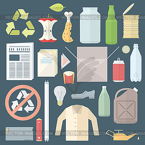 Color flat style separated waste icons and signs - vector clipart