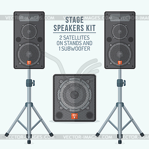 Color flat style loudspeakers on stands and - vector image