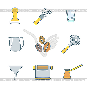 Color outline coffee barista instruments icons set - vector clipart