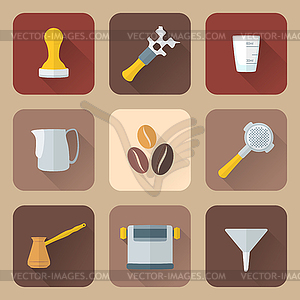 Набор плоский стиль кофе бариста инструменты иконки - иллюстрация в векторном формате