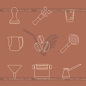 Outline coffee barista instruments icons set - vector clipart