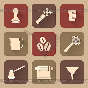 Flat style white coffee barista instruments icons - color vector clipart