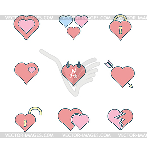 Various color outline heart icons set - vector clip art