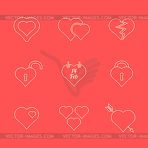 Various red color outline heart icons set - vector image