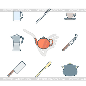 Набор плоский цвет иконки план посуды - изображение в векторе