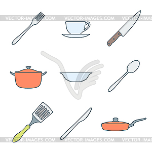 Color outline dinnerware icons set - vector clipart