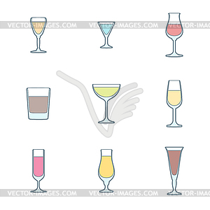 Color outline alcohol glasses icon set - vector image