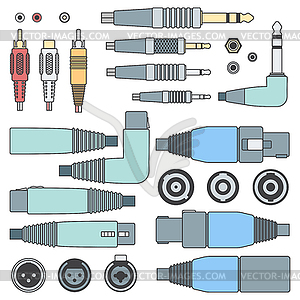 Color outline various audio connectors and inputs - vector image