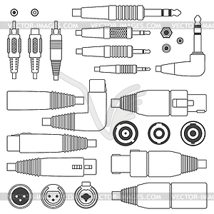 Various outline audio connectors and inputs set - vector clipart