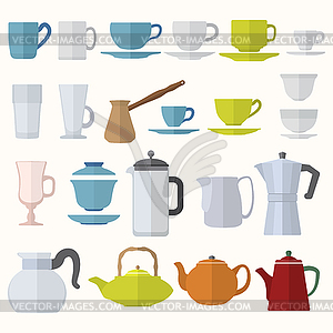 Flat style dinnerware cups mugs and pots set - vector image