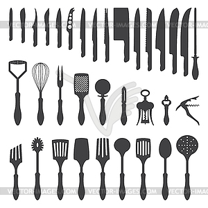 Dinner cutlery silhouette set - white & black vector clipart