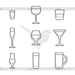 Outline alcohol glasses icon set - vector clip art