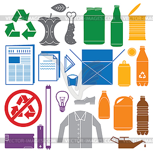 Recycling and various waste color icons - vector clipart